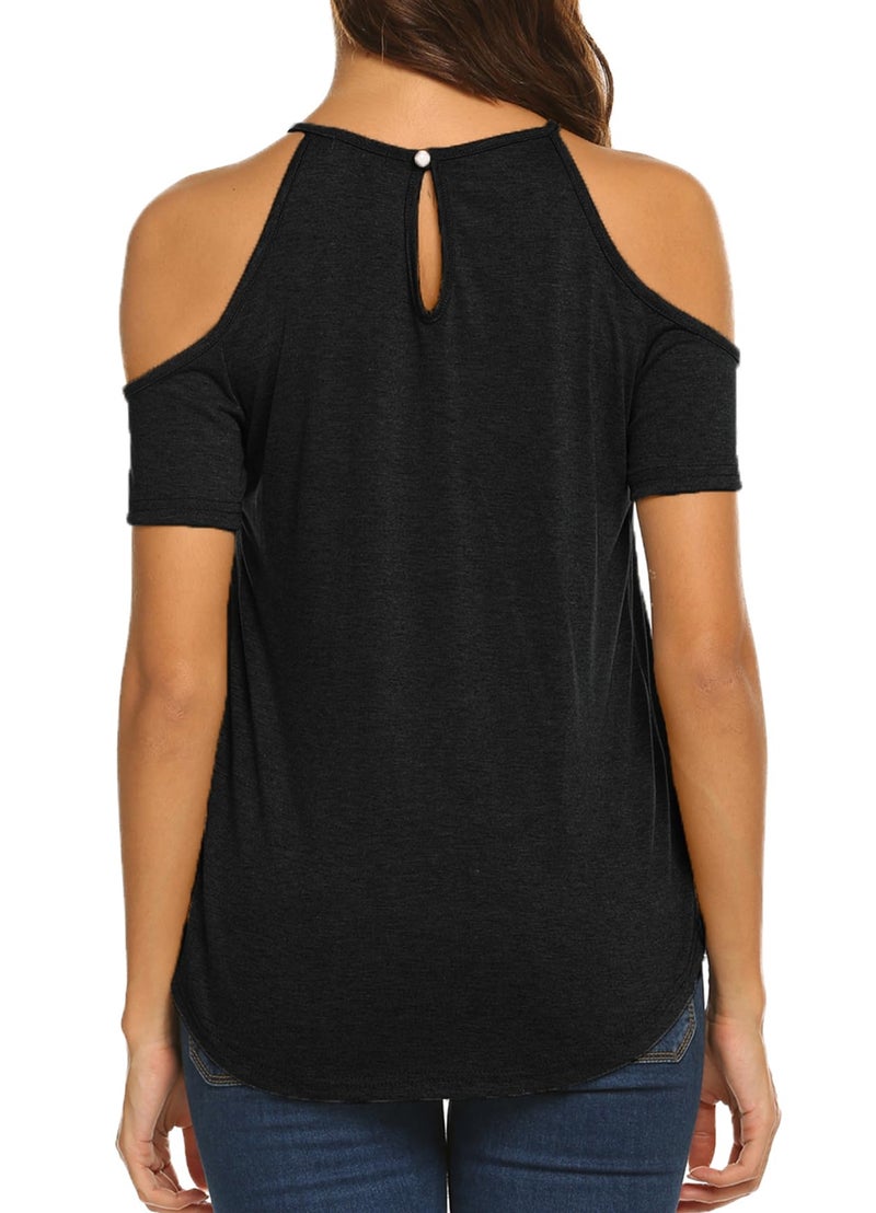 Bluetime Short Sleeve Shirts for Women Casual Trendy Loose Fit Cold Shoulder Tops Black S - Image 4